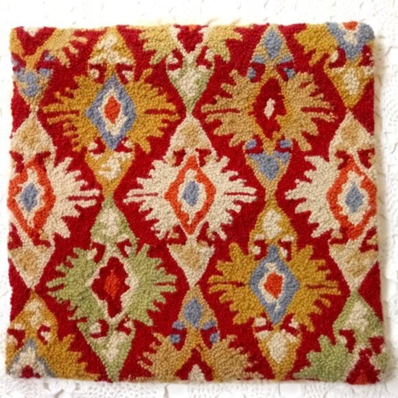 100% Wool Pillow Slip Cover Case Needle Rug Work Hippie Boho Aztec Square 18x18" - Picture 1 of 4